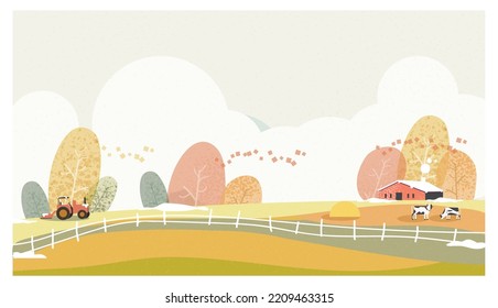 Countryside landscape in autumn,  banner of farm house or countryside .The yellow foliage with falling leaves,barn and truck with noise and grain