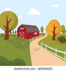 Countryside landscape. Autumn landscape with red barn vector illustration