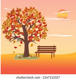 Countryside landscape in autumn, vector illustration of autumn landscape, autumn tree fallen with yellow and orange foliage, beautiful sunset