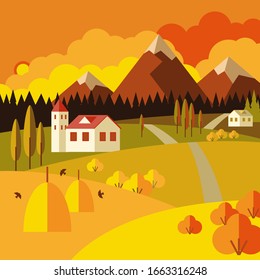 Countryside landscape in autumn. Vector yellow illustration of house , mountains and trees.
