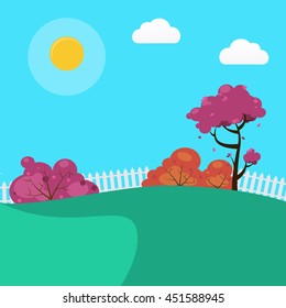 Countryside Landscape Background with Sunny Sky and Trees. Vector illustration