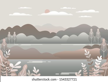 Countryside landscape. Beautiful nature with mountains, hills, field, trees, forest, lake and sky and sun. Cartoon illustration vector background flat style design. Trendy pastel colors beige, grey 
