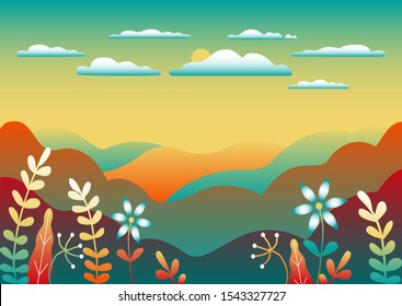 Countryside landscape. Beautiful nature with mountains, hills, field, trees, forest, lake and sky and sun. Cartoon illustration vector background flat style design. Trendy bright colors blue, yellow, 
