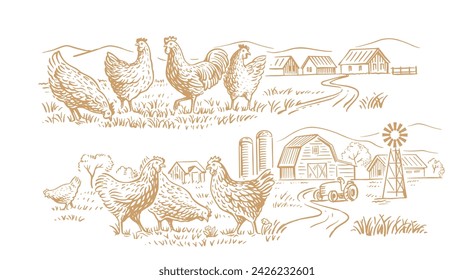 countryside landscape with chicken. Farm sketch