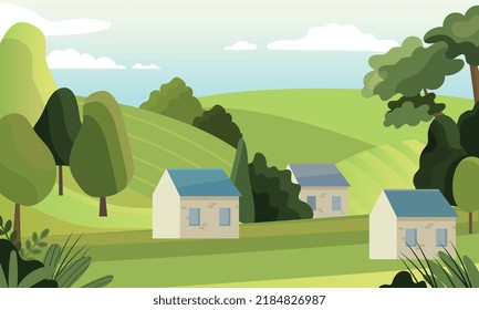 Countryside landscape concept. Farming and agriculture. Houses in green field, small village. Stylish wallpaper for your computer or phone. Nature and wildlife. Cartoon flat vector illustration