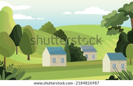 Countryside landscape concept. Farming and agriculture. Houses in green field, small village. Stylish wallpaper for your computer or phone. Nature and wildlife. Cartoon flat vector illustration