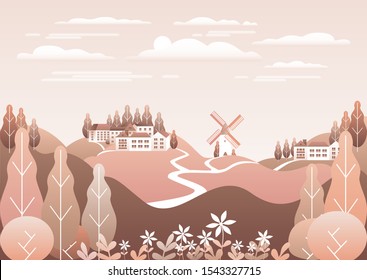 Countryside landscape. Country motif with farm. Beautiful city with houses, milll. Nature with mountains, hills, field, trees, forest. Cartoon illustration vector background flat style design