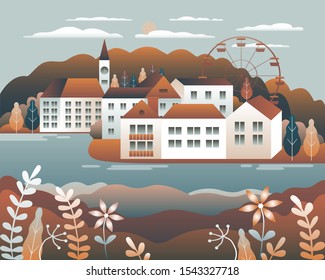 Countryside landscape. Country motif with farm Beautiful city with houses, clock tower, ferris wheel. Nature with mountains, hills, field, trees, forest and lake Cartoon illustration vector background