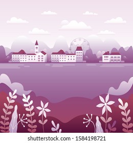 Countryside landscape. Country motif with farm. Beautiful city with houses, clock tower, ferris wheel. Nature with mountains, hills, field, flowers, trees, forest. Cartoon illustration vector backgrou