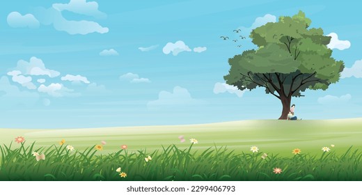Countryside landscape with couple of lover under the big tree have blue sky background flat design vector  illustration. Valentine's day card template.