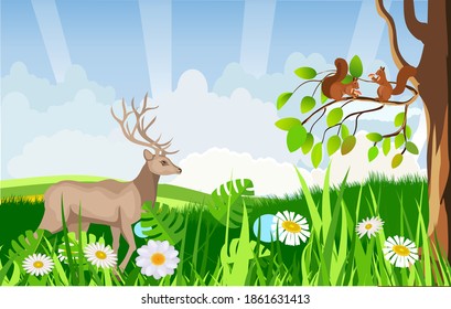 Countryside landscape, deer under tree on the green hills vector illustration