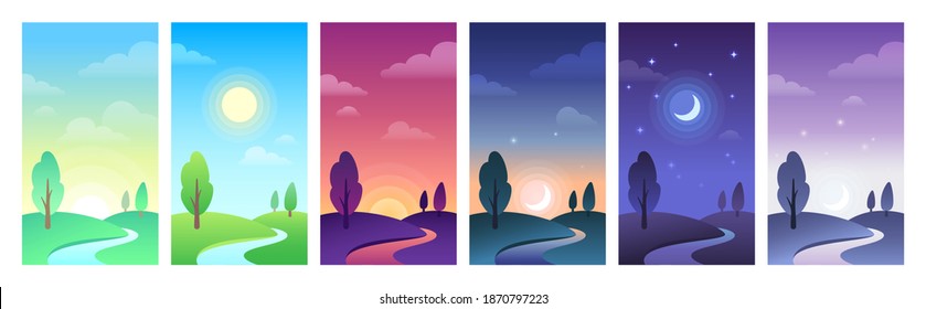Countryside landscape in different parts of day time. Sky and field daytime circle as sunrise, morning or noon, sunset and night. Hills with tree, moon with stars and sun set vector illustration - Shutterstock ID 1870797223