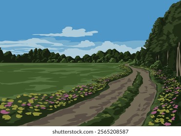 Countryside landscape with dirt road and woodland