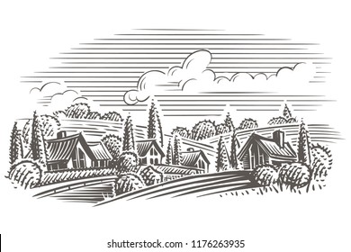 Countryside landscape engraving style illustration. Vector. Layered. 