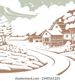 Countryside landscape farm fields. Rural rustic view sketch vintage vector illustration