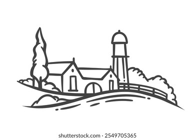 Countryside landscape with farm houses and water tower line icon. Outline hand drawn sketch of rustic cottage with garden, farmers houses. Village mascot, farm scenery icon vector illustration