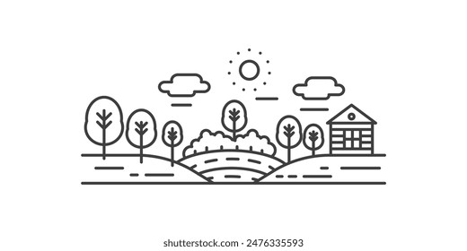 Countryside landscape with farmhouse and forest on hills, line icon vector illustration