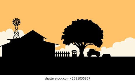 Countryside landscape of farmhouse scenery. Panoramic view of rural house with windmill and tractor under big tree. Vector illustration of the scenic cloudscape over the farmland in rural environment