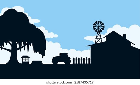 Countryside landscape of farmhouse scenery. Panoramic view of rural house with windmill and tractor under big tree. Vector illustration of the scenic cloudscape over the farmland in rural environment