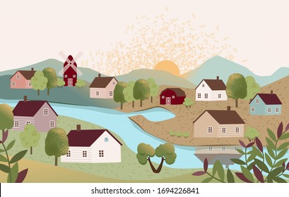 Countryside landscape, farmhouse with trees, river, lake, grass, meadows, mountains, sun. Farm in the countryside. Life in country. Sunny summer day in the village. Flat cartoon vector illustration.