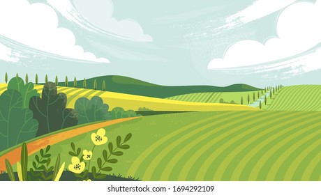 Countryside landscape with field, trees, grass and sky. Background of a sunny summer day in the village. Meadow vector flat style illustration. Green landscape with yellow fields. Lovely rural nature.