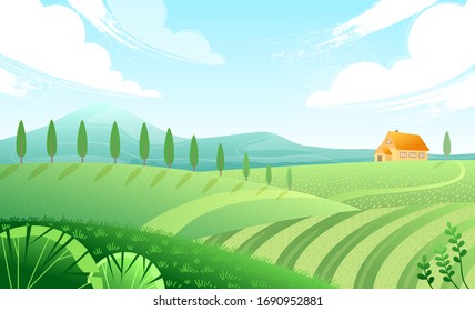 Countryside landscape with fields and meadows. Summer nature with trees, clouds and house. Eco concept for banner, design or packaging. Sunny summer day in village. Vector flat style illustration.