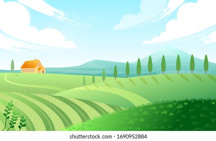 Countryside landscape with fields and meadows. Summer nature with trees, clouds and house. Eco concept for banner, design or packaging. Sunny summer day in village. Vector flat style illustration.