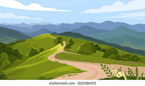 Countryside landscape with fields and meadows. Summer nature with trees, clouds and mountains. Eco concept for banner, design or packaging. Sunny summer day in village. Vector flat style illustration.