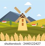Countryside landscape with fields, mountains, mill, houses ears of wheat in the foreground. Farm, agriculture. Round vector illustration.