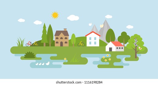 Countryside landscape, flat design for use as scenery background or banner