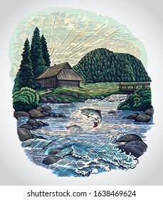 Countryside landscape in graphic style, with hut and mountain river and jumping fish.