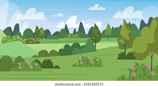 Countryside landscape with green grass, trees, shrubs,sky horizon and clouds. Summer scenery panorama. For prints, cover or card designs, art decoration. Flat vector illustration. Not AI generated