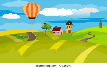 Countryside landscape, green hill, mill, house, air baloon, village view