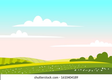 Countryside landscape green hill. Panorama nature fields blue sky clouds sun rural. Green tree and grass rural land. Flat cartoon trendy style vector illustration