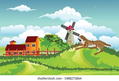 Countryside landscape, green hills with houses, windmill and dog lying in the hill, vector illustration