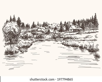 Countryside landscape, Hand drawn illustration sketch.