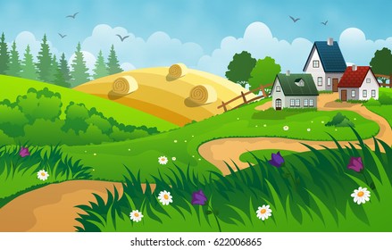 Countryside landscape with hay, field and small village.