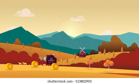 Countryside landscape with hay, field and village.