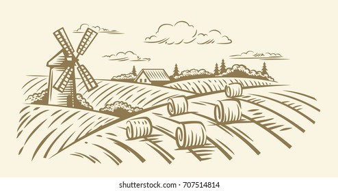 Countryside landscape with hay vector hand illustration