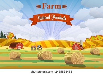 Countryside landscape with haystacks on fields. Rural area landscape. Hay bales. Farm flat landscape. Organic food concept for any design