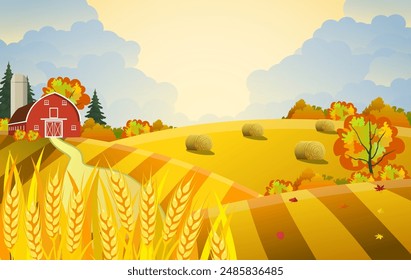 Countryside landscape with haystacks on fields. Farm flat landscape. Organic food concept for any design