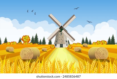 Countryside landscape with haystacks on fields. Rural area landscape. Hay bales. Farm flat landscape. Organic food concept for any design