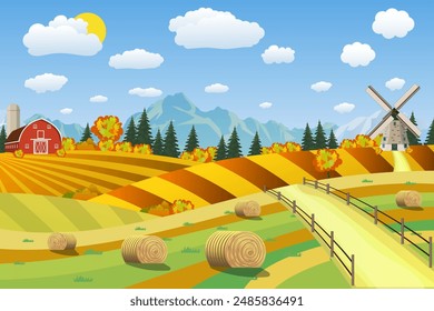 Countryside landscape with haystacks on fields. Rural area landscape. Hay bales. Farm flat landscape. Organic food concept for any design