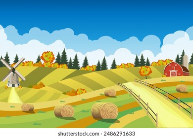 Countryside landscape with haystacks on fields. Rural area landscape. Hay bales. Farm flat landscape. Organic food concept for any design