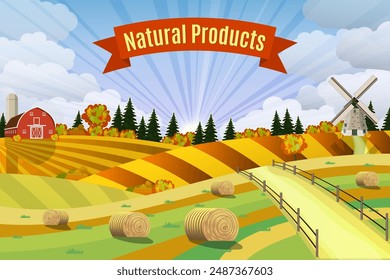 Countryside landscape with haystacks on fields. Rural area landscape. Hay bales. Farm flat landscape. Organic food concept for any design