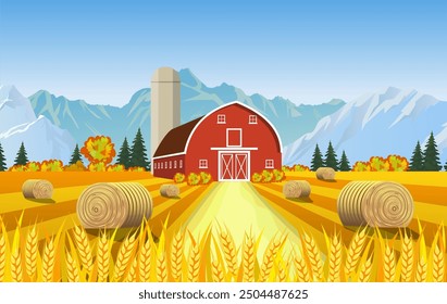 Countryside landscape with haystacks on fields. Farm flat landscape. Organic food concept for any design