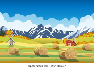 Countryside landscape with haystacks on fields. Rural area landscape. Hay bales. Farm flat landscape. Organic food concept for any design