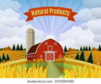 Countryside landscape with haystacks on fields. Farm flat landscape. Organic food concept for any design