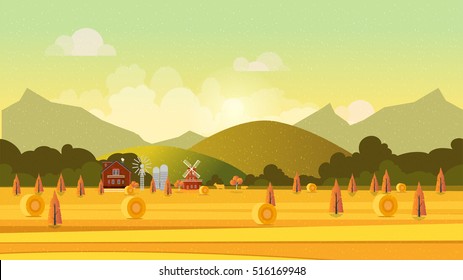 Countryside landscape with haystacks on fields. Rural area landscape. Hay bales. Farm flat landscape. Organic food concept for any design