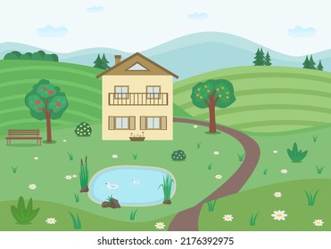 Countryside landscape with house, lake, meadow and trees. Flat style. Vector illustration